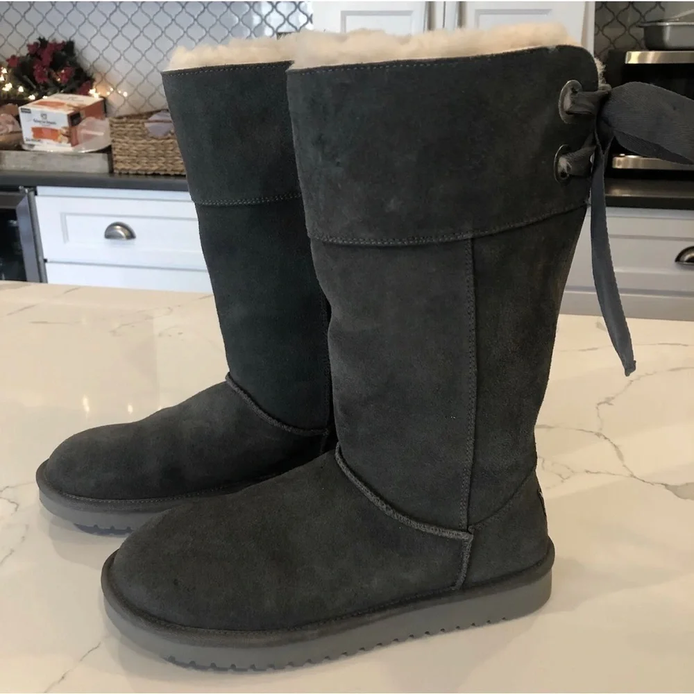 Koolaburra UGG Andrah Gray Suede Shearling Lined Tall Boots Women’s US 8 Bow